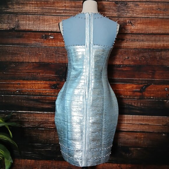 NWT Venus Bodycon Dress Size M Silver Blue Pearl Studded Stretch - Picture 3 of 12
